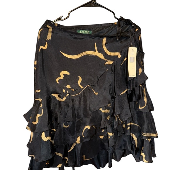 Ralph Lauren Silk Skirt Tiered Ruffle Women's 4 Black and Gold NWT - Picture 2 of 7